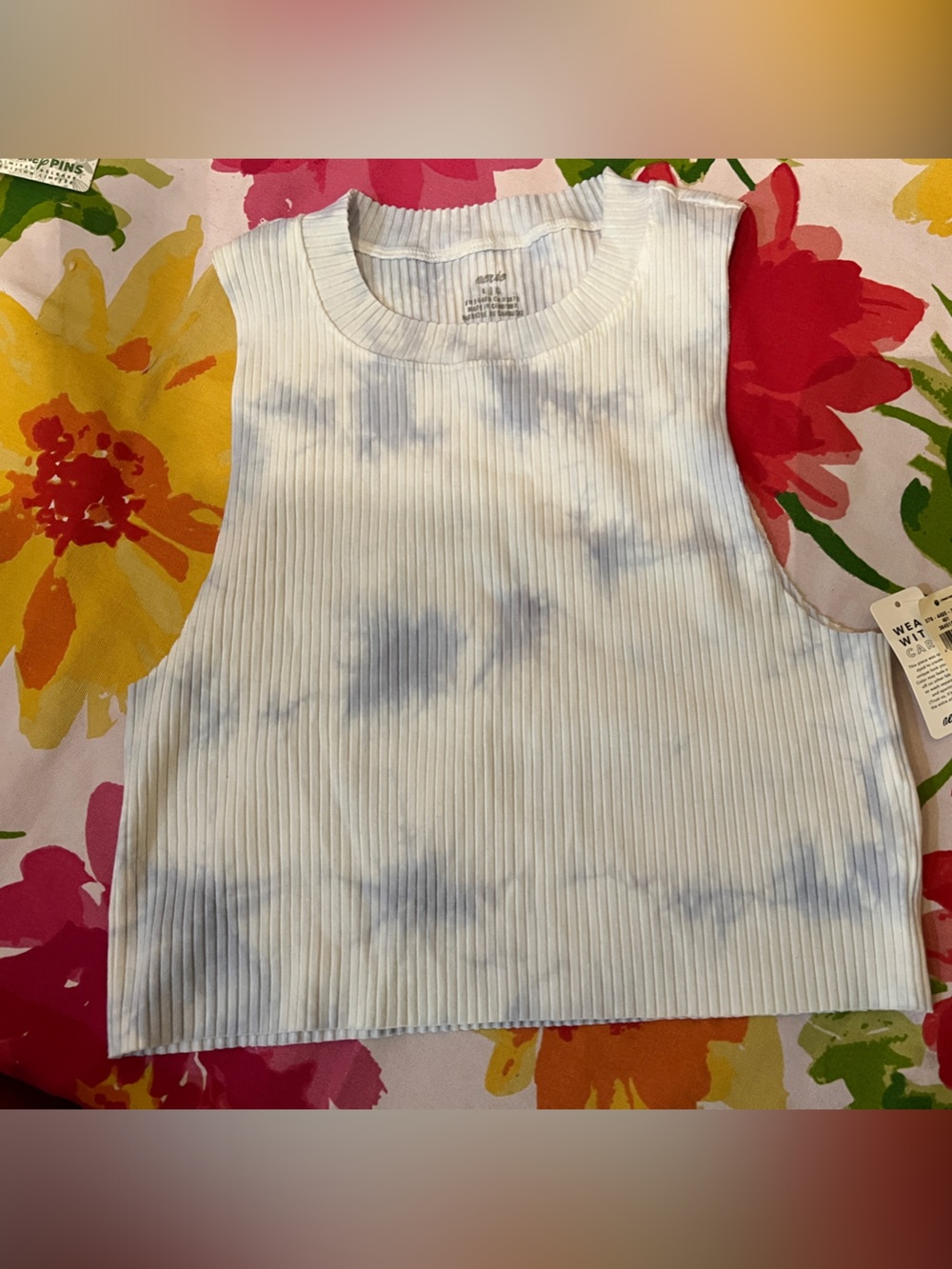 aerie White and Light Blue Tie-Dye Ribbed Tank Top